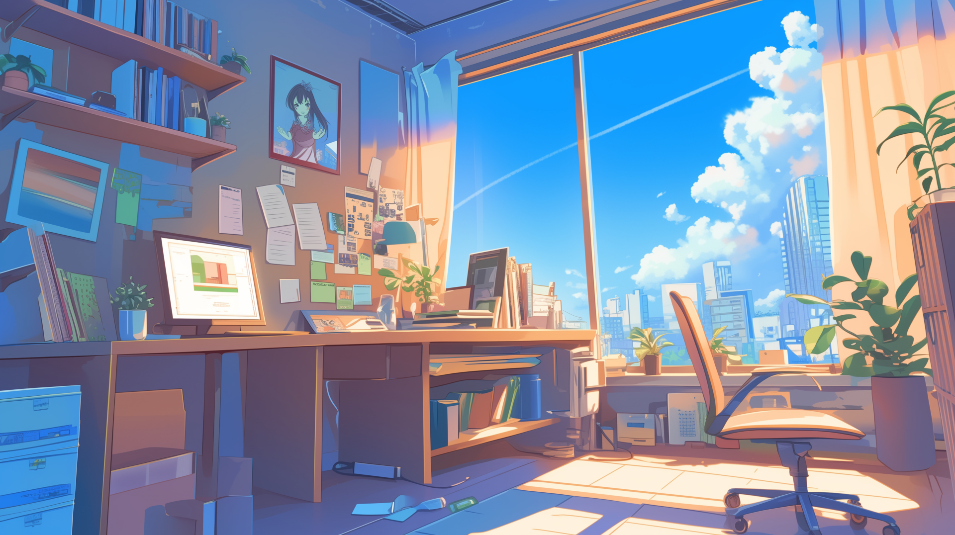 Anime-Inspired Room with City View - HD Wallpaper by robokoboto