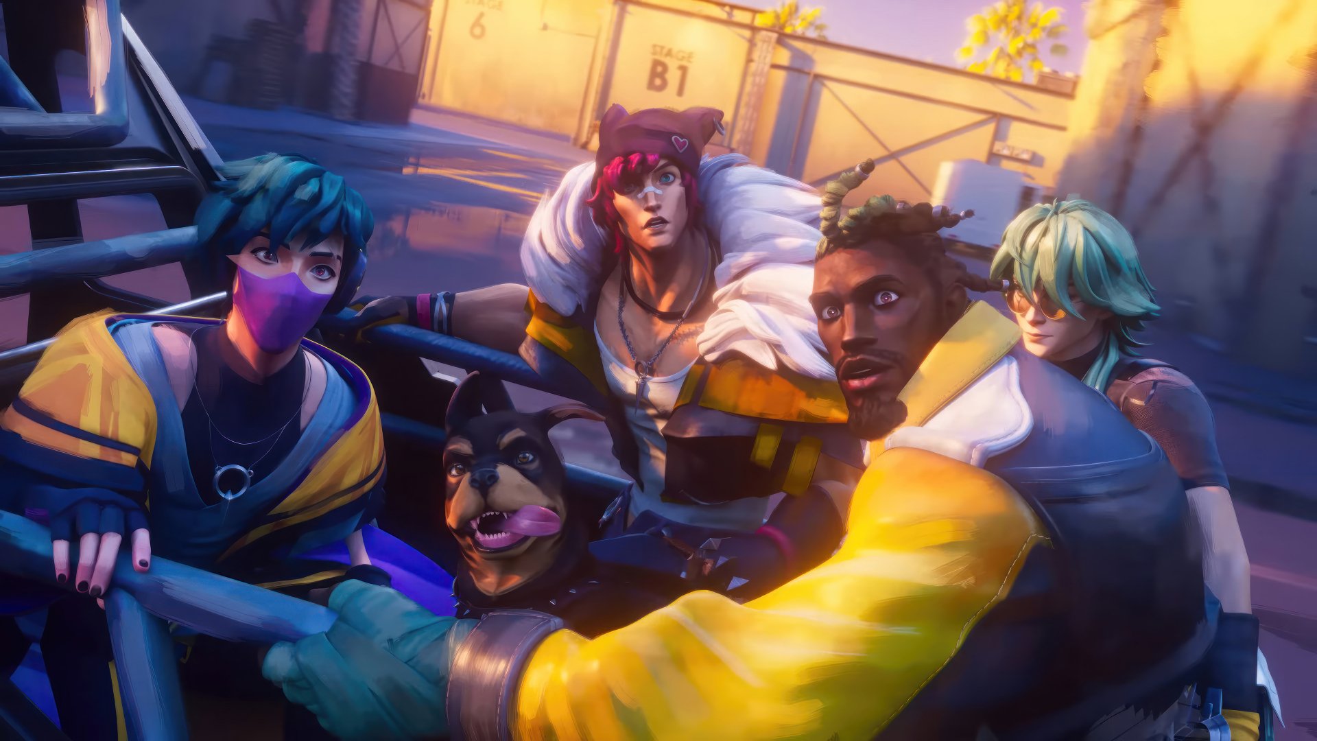 A vibrant HD wallpaper featuring characters from League of Legends: K'Sante, Sett, and Aphelios, showcasing a dynamic scene in an urban setting.