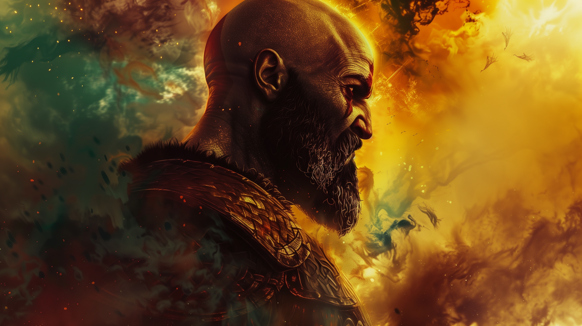An HD desktop wallpaper featuring Kratos from God of War, showcasing his iconic profile amidst a dramatic backdrop of swirling colors and textures.