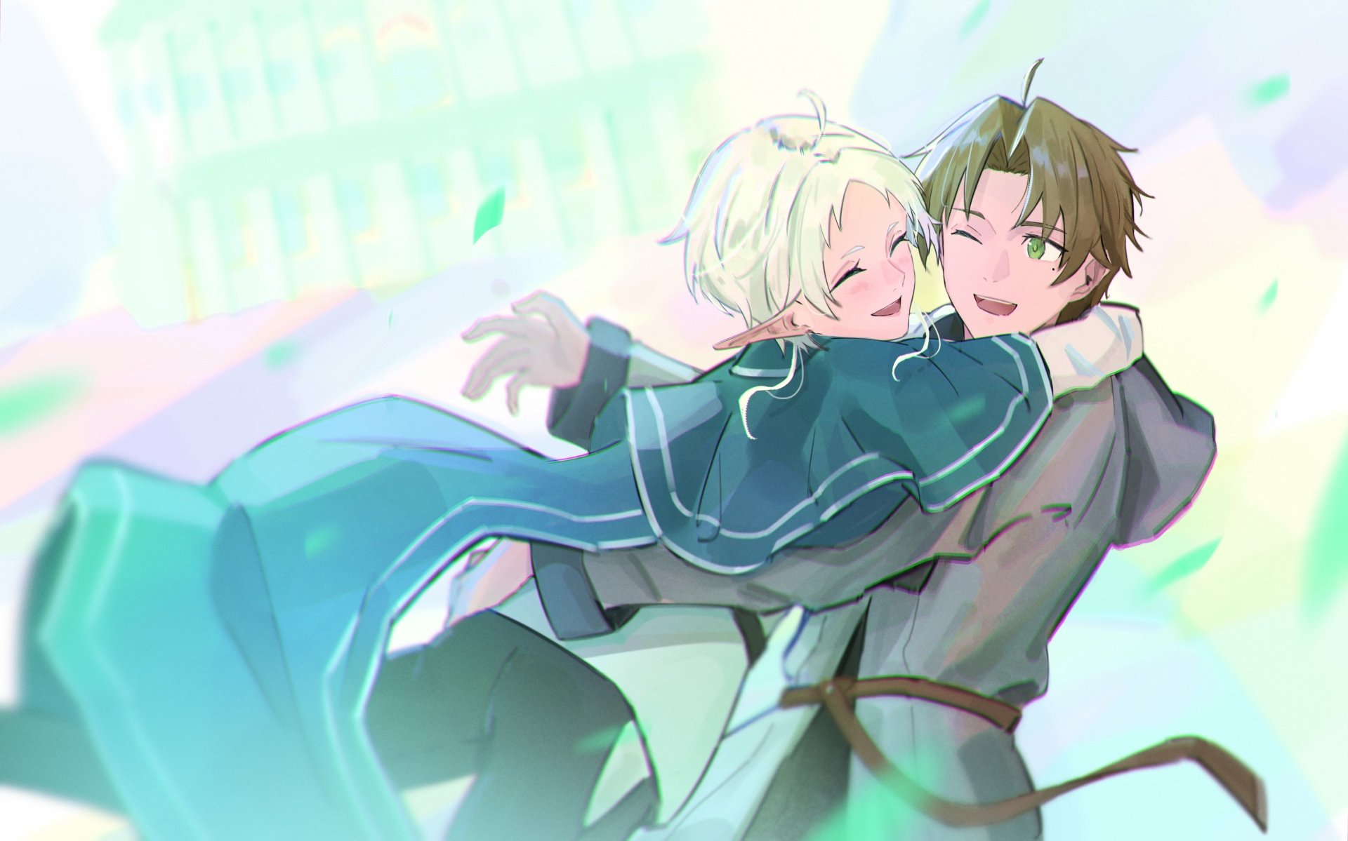 Anime-style 4K Ultra HD wallpaper featuring Sylphiette and Rudeus Greyrat from Mushoku Tensei: Jobless Reincarnation sharing a joyful, affectionate moment.