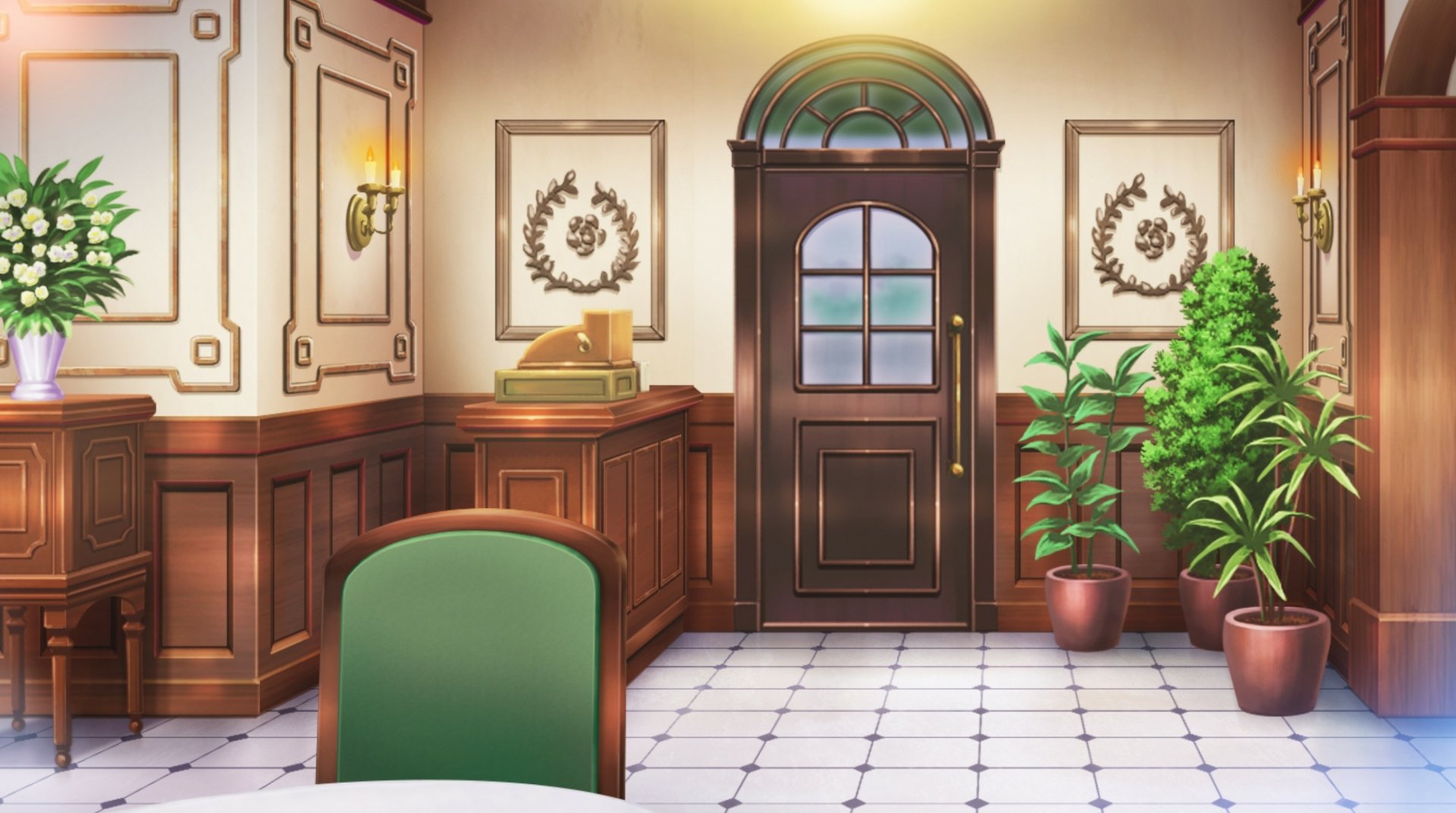 HD desktop wallpaper featuring an elegant interior scene from Vampire Dormitory, showcasing wooden paneling, potted plants, and a welcoming doorway.