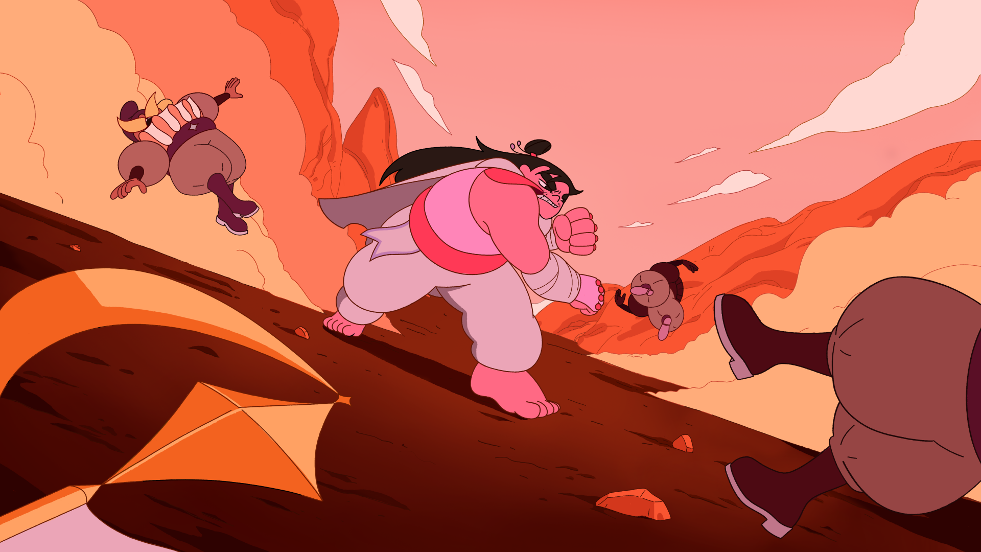 HD desktop wallpaper from the video game Let's! Revolution! depicting a dynamic scene with characters in action against a pinkish-orange landscape.