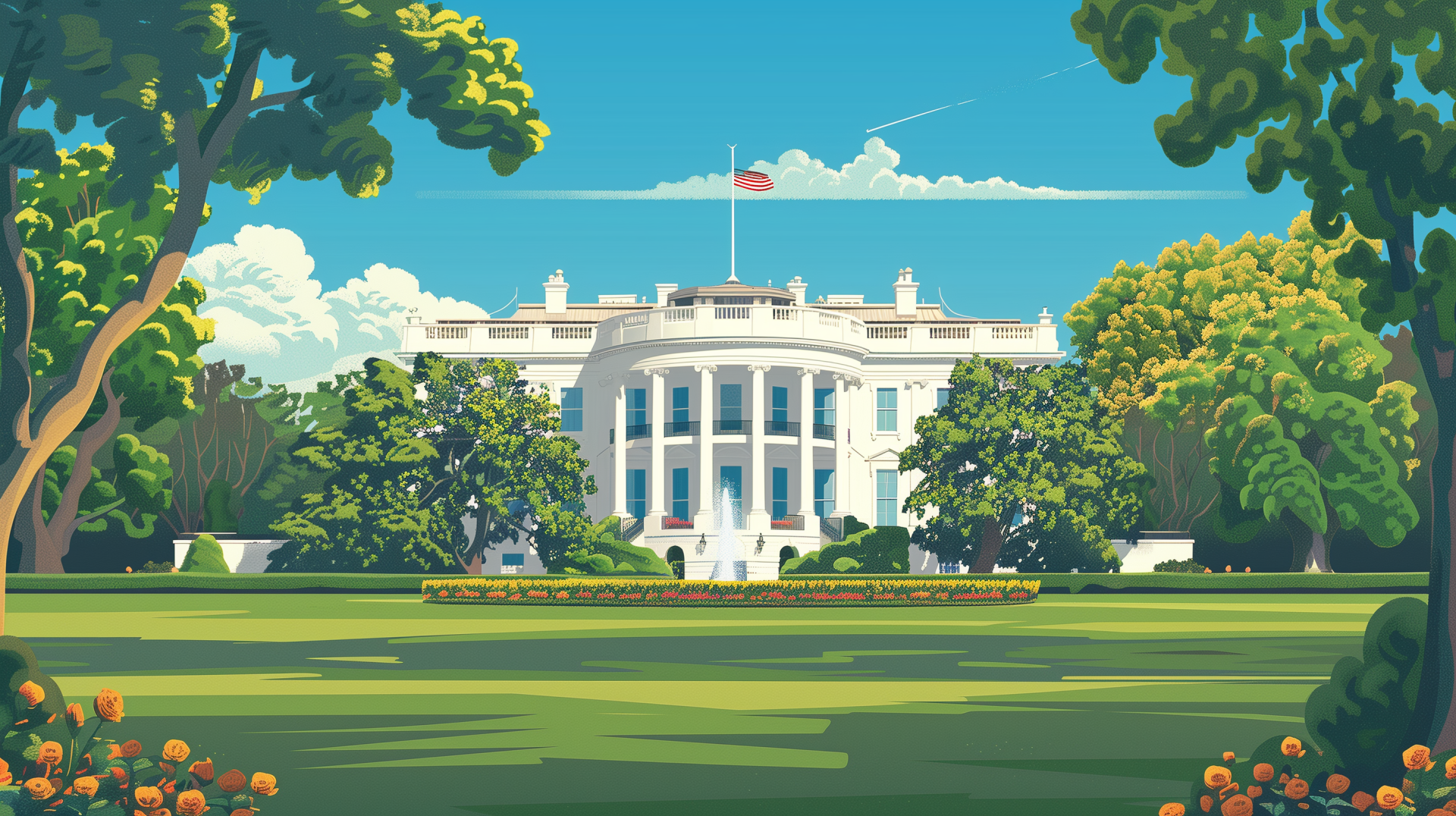 HD desktop wallpaper featuring a stylized illustration of the White House with an American flag flying above it, surrounded by lush greenery and clear blue skies.