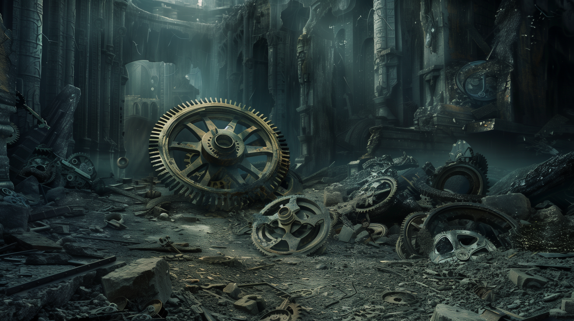 HD wallpaper depicting a scene of an abandoned place filled with scattered and rusted gears and mechanical parts, creating a somber and forsaken atmosphere.