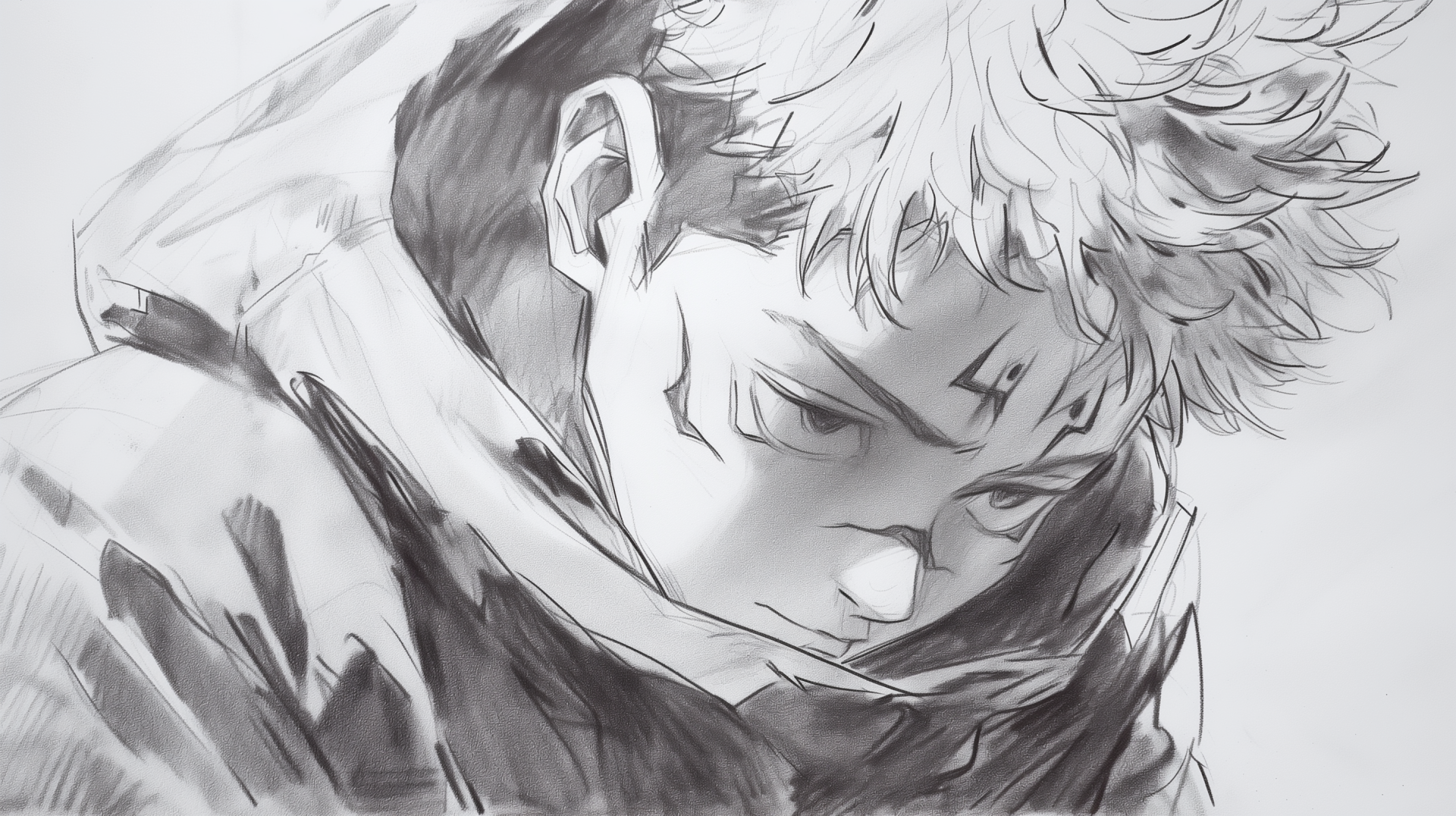 HD desktop wallpaper featuring a black and white sketch of Sukuna from the anime Jujutsu Kaisen, showcasing a detailed and intense expression.