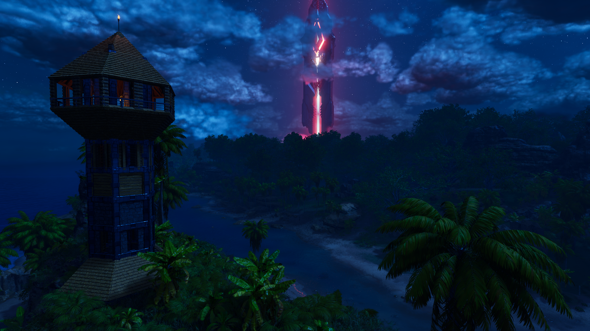 HD desktop wallpaper from the video game ARK: Survival Ascended, featuring a nighttime scene with a wooden watchtower overlooking a jungle with palm trees and a striking red obelisk glowing in the distance against a starry sky.