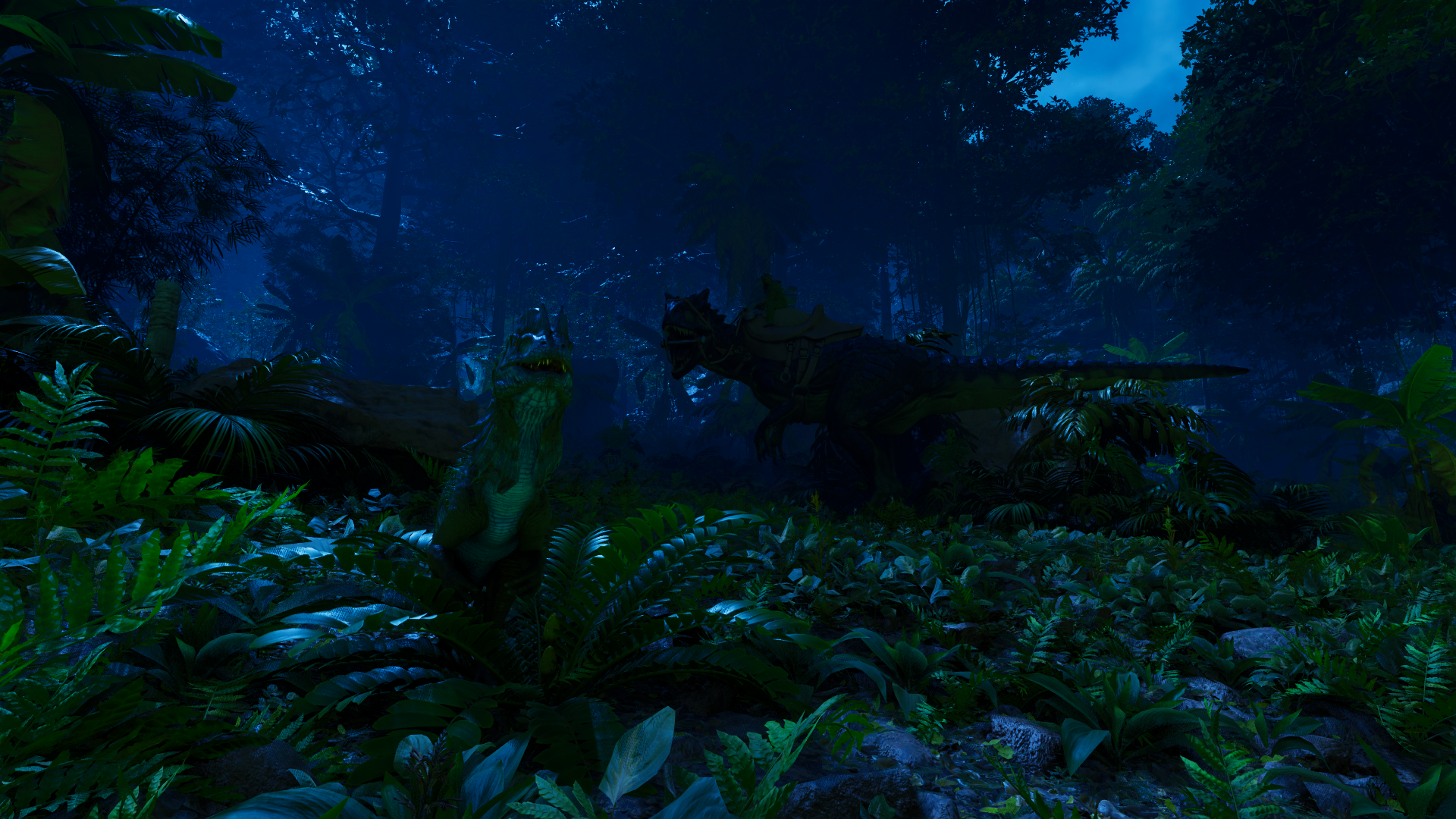 HD desktop wallpaper featuring a scene from the video game ARK: Survival Evolved with dinosaurs looming in a dense, dark jungle environment.