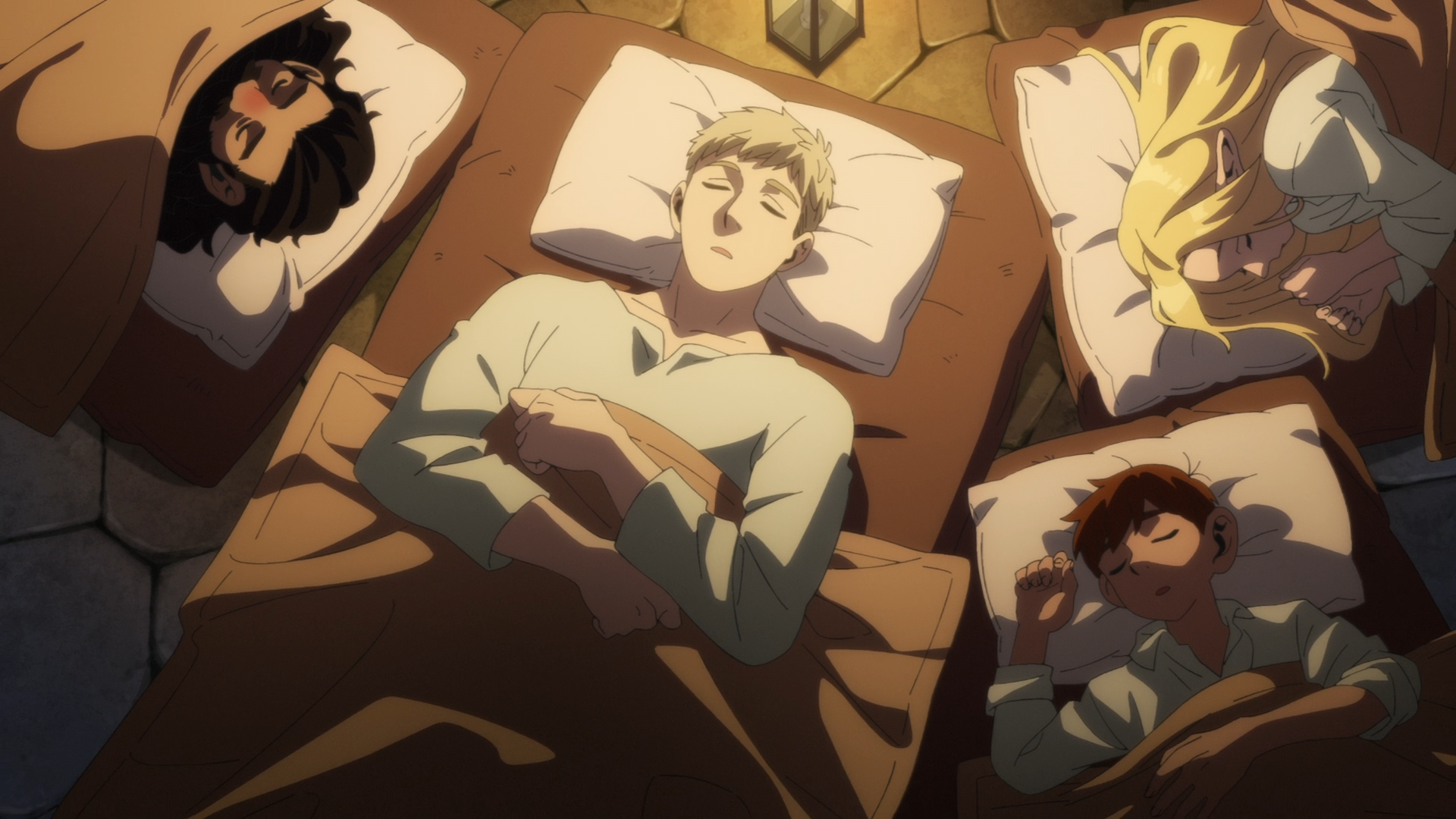 HD anime wallpaper from Delicious in Dungeon featuring four characters resting on beds in a dimly lit room.