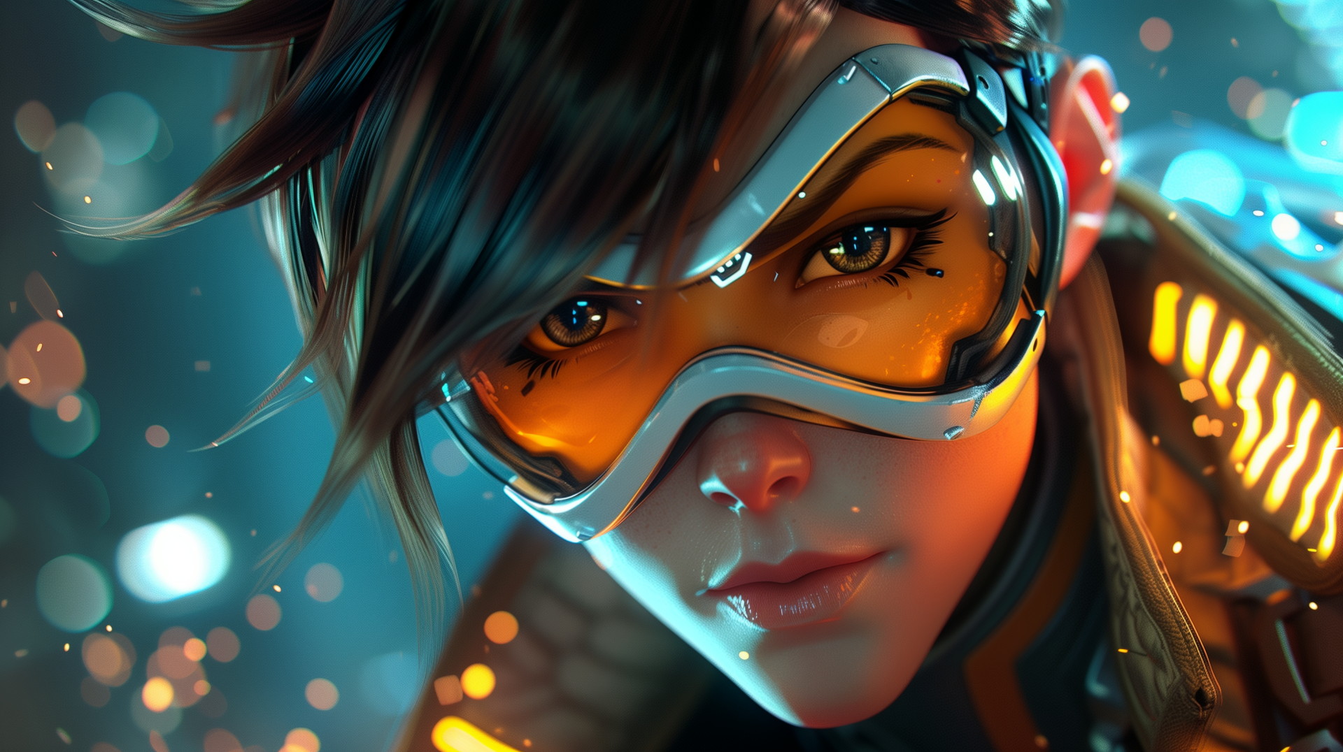 HD desktop wallpaper featuring Tracer, a character from the video game Overwatch, with a detailed close-up of her face and goggles amidst a vibrant, bokeh-effect background.