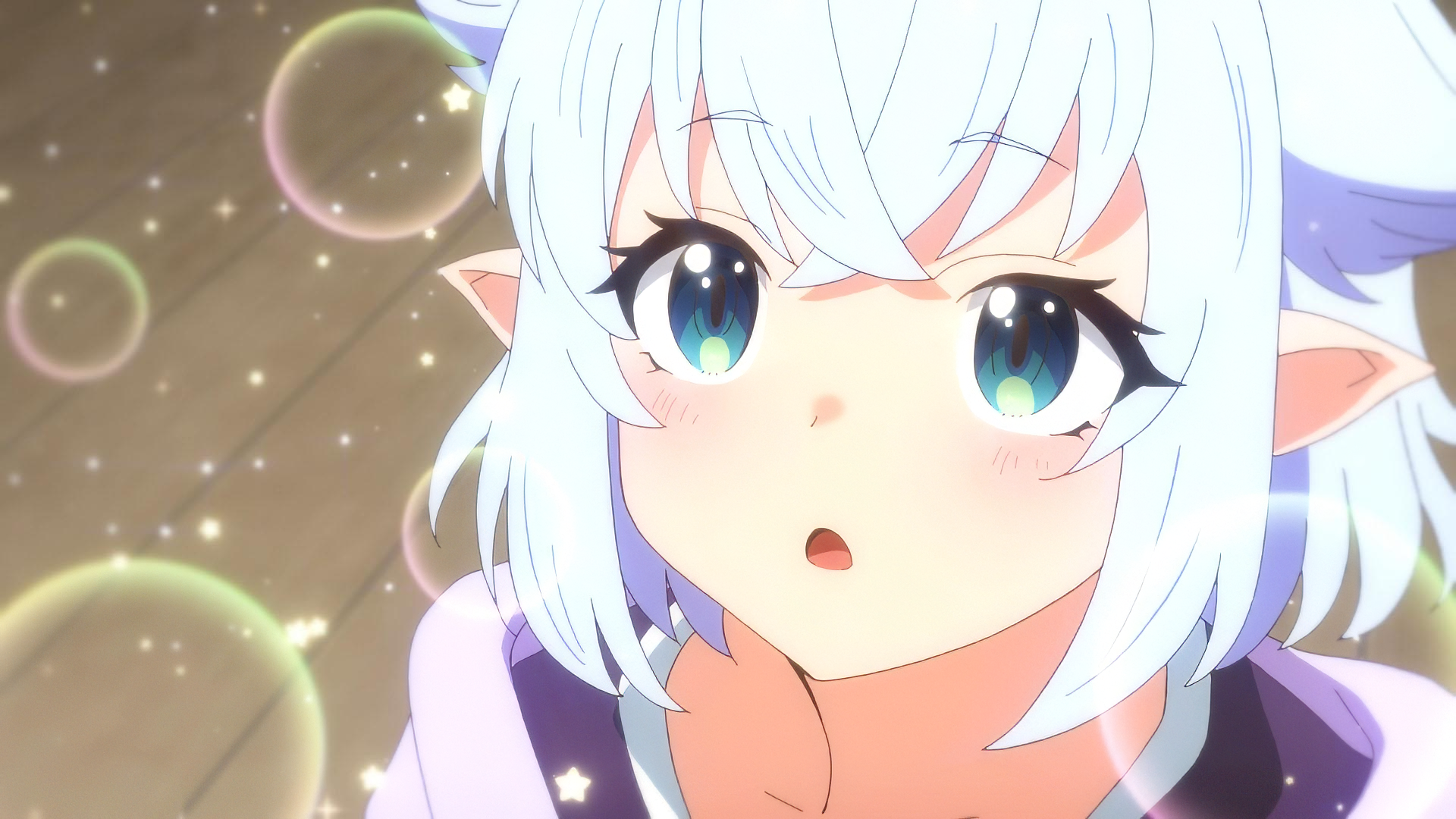 HD Wallpaper of an anime character from Chillin' in Another World with Level 2 Super Cheat Powers featuring a close-up of a surprised-looking girl with light blue hair and large expressive eyes, with a soft, glowing background.