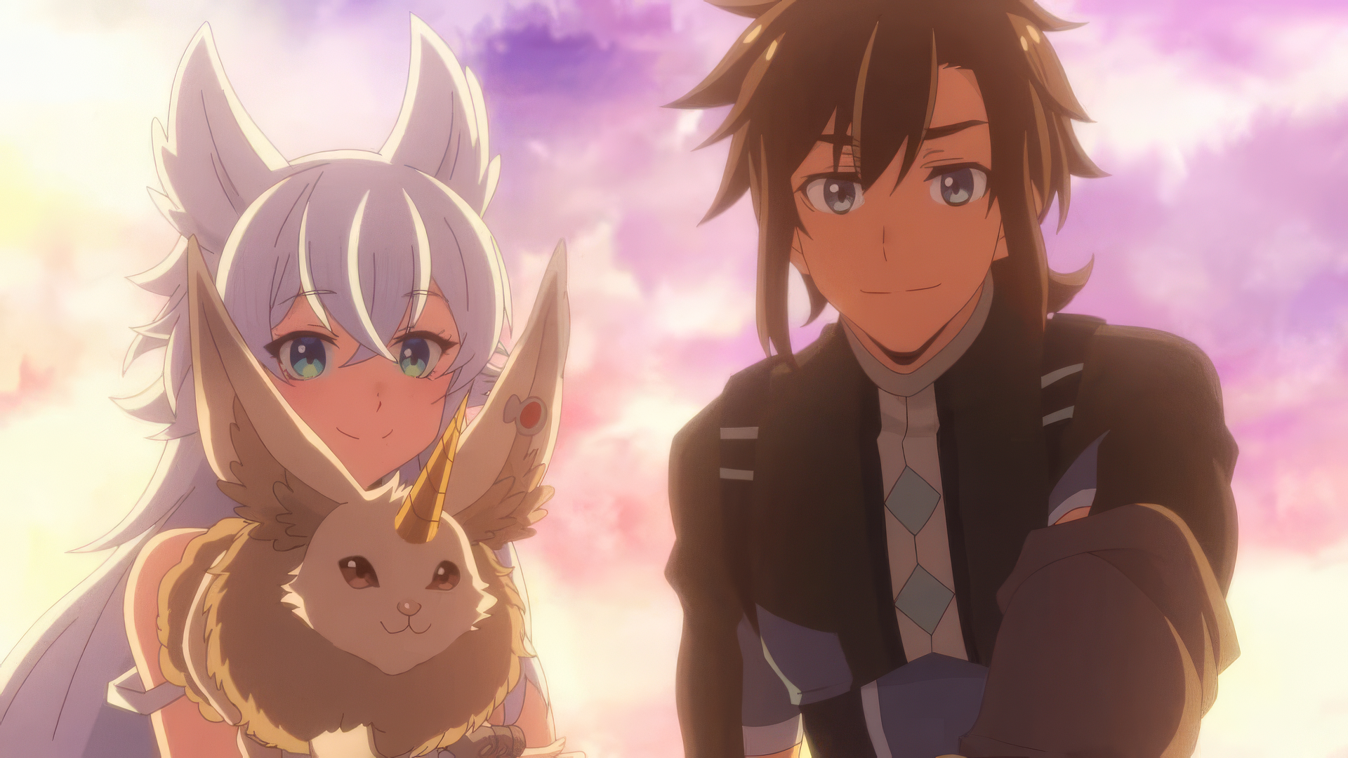 HD anime wallpaper featuring a male and a female character from 'Chillin' in Another World with Level 2 Super Cheat Powers' along with a cute creature, set against a soft, pastel-colored sky background.