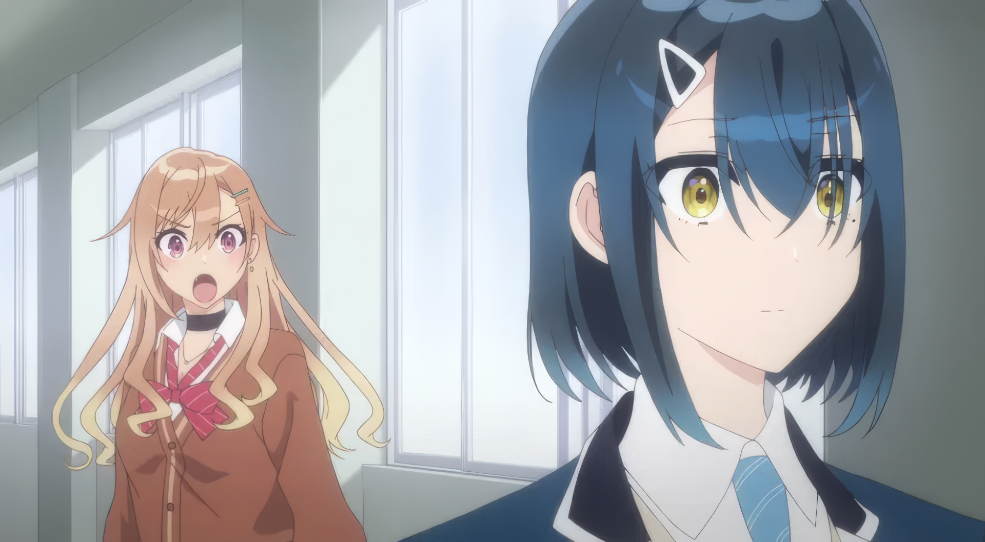 HD anime wallpaper featuring characters from The Many Sides of Voice Actor Radio, with a surprised girl in the background and a calm girl in the foreground.