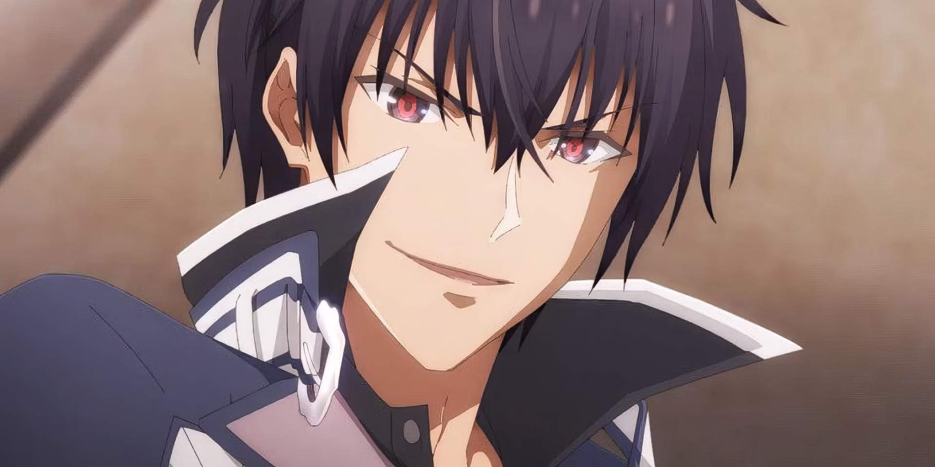 HD desktop wallpaper featuring Anos Voldigoad, a character from The Misfit of Demon King Academy anime, with a confident smile, red eyes, and dark spiky hair, wearing a high-collared black and white outfit against a blurred background.