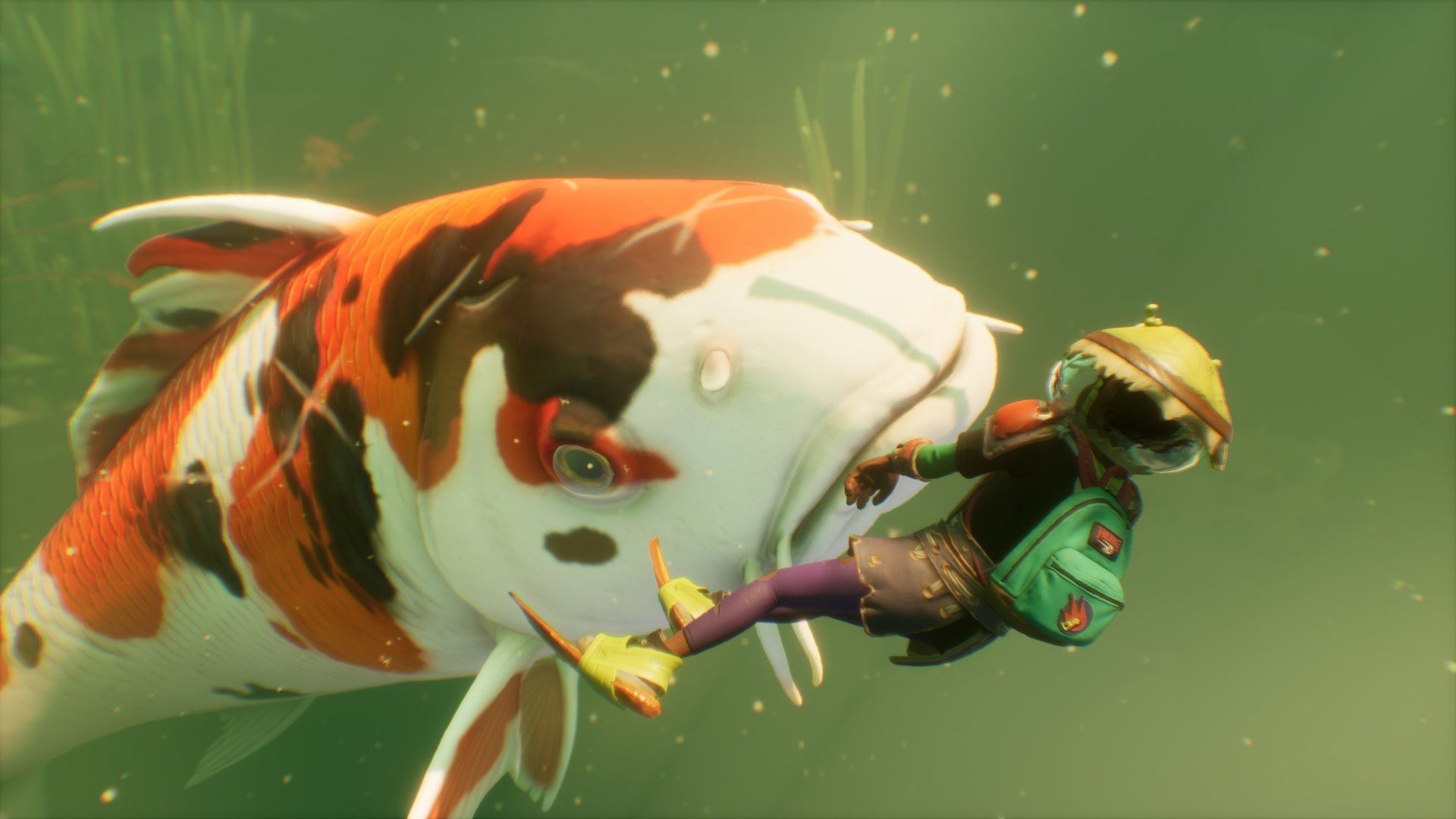 HD wallpaper of a scene from the video game Grounded, showing a small character in a green suit riding a large koi fish underwater.