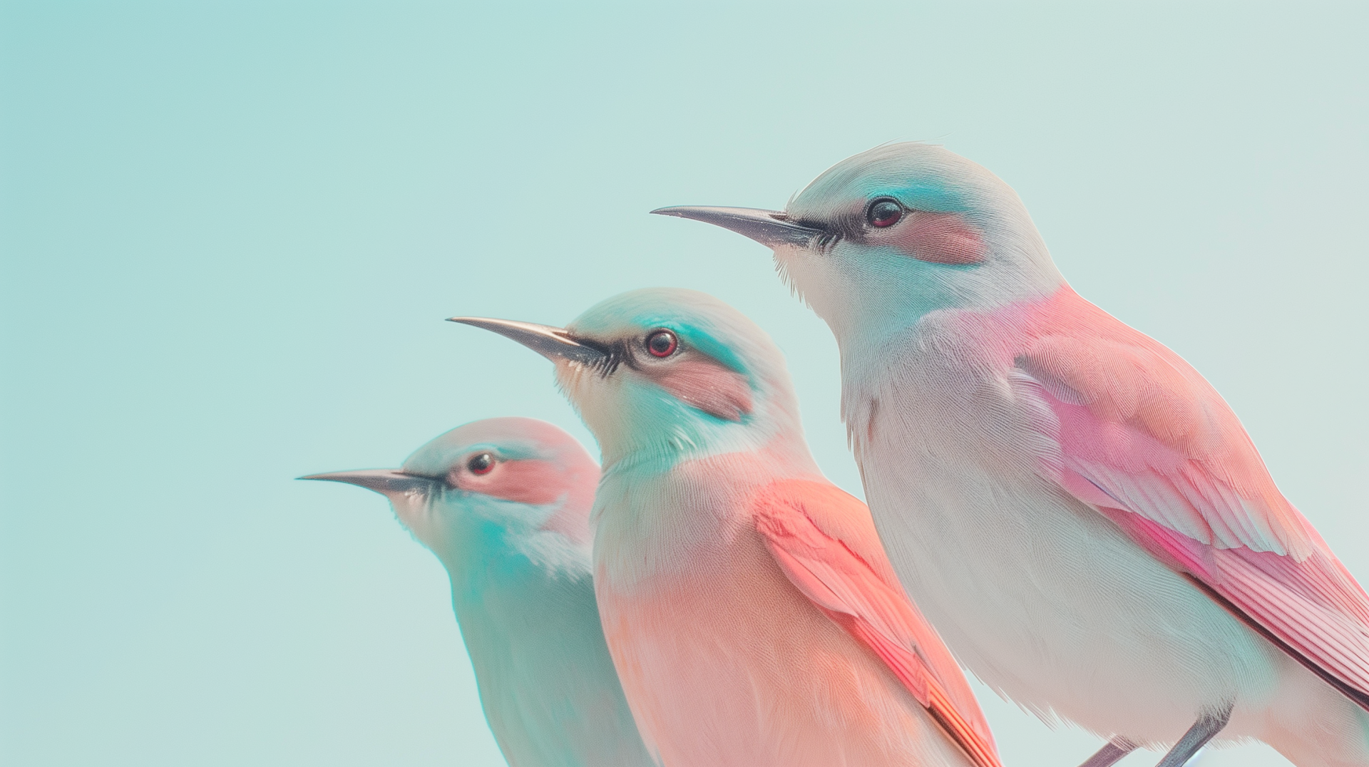 HD desktop wallpaper featuring three pastel-colored birds against a soft blue background.