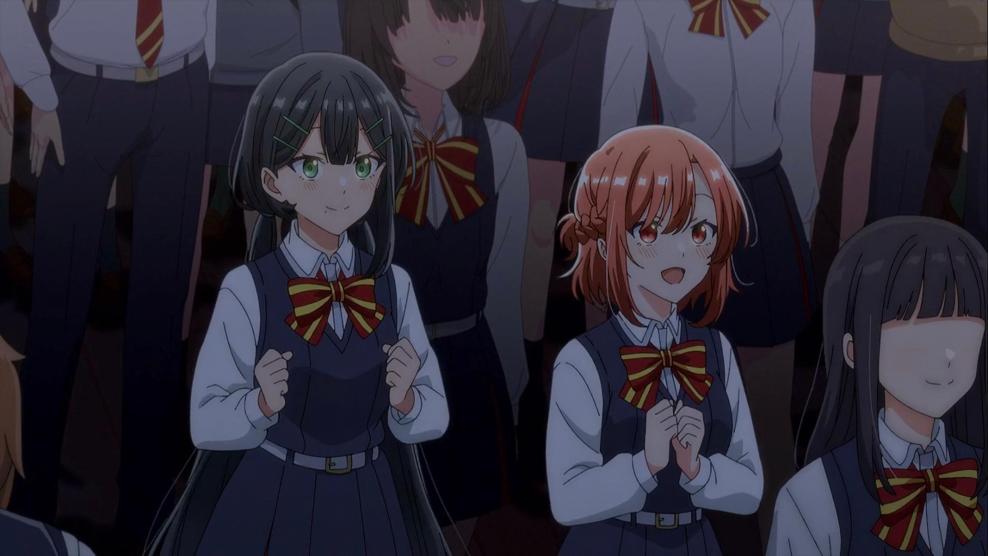 HD anime wallpaper featuring two main characters from Whisper Me a Love Song with anxious expressions amidst a crowd of schoolmates, in a typical Japanese school uniform setting.