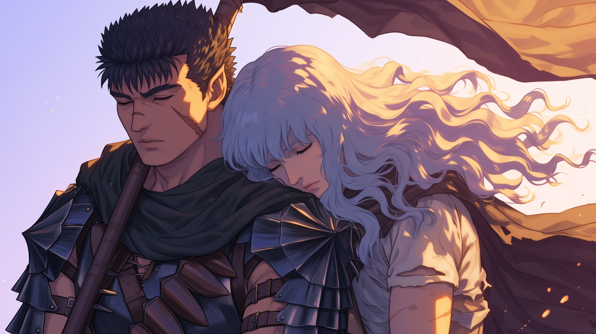 HD wallpaper featuring Guts and Griffith from Berserk, depicted in an anime style with a serene backdrop.