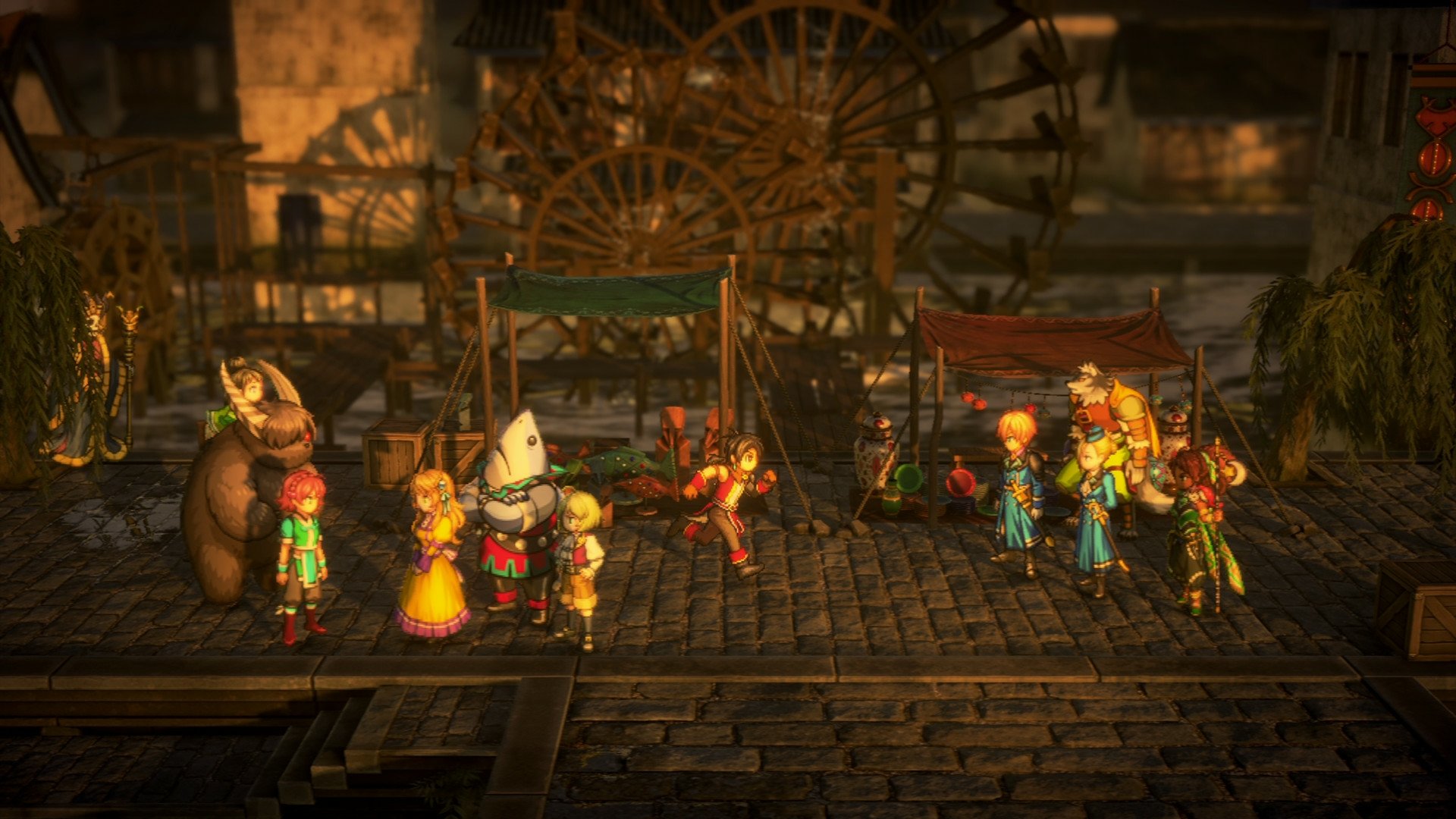 High-definition desktop wallpaper featuring a scene from the video game Eiyuden Chronicle: Hundred Heroes with a group of animated characters in a rustic town setting.