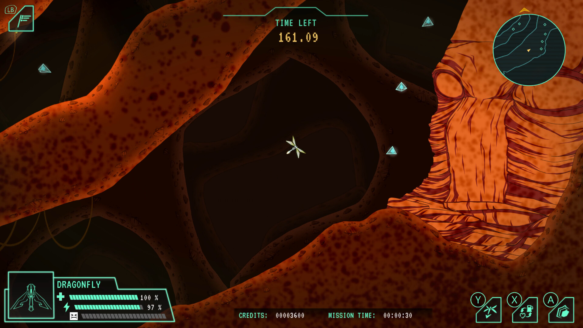 HD desktop wallpaper from the video game Lunar Lander: Beyond depicting a spacecraft navigating through cavernous orange terrain with game UI elements displaying time left and navigation data.