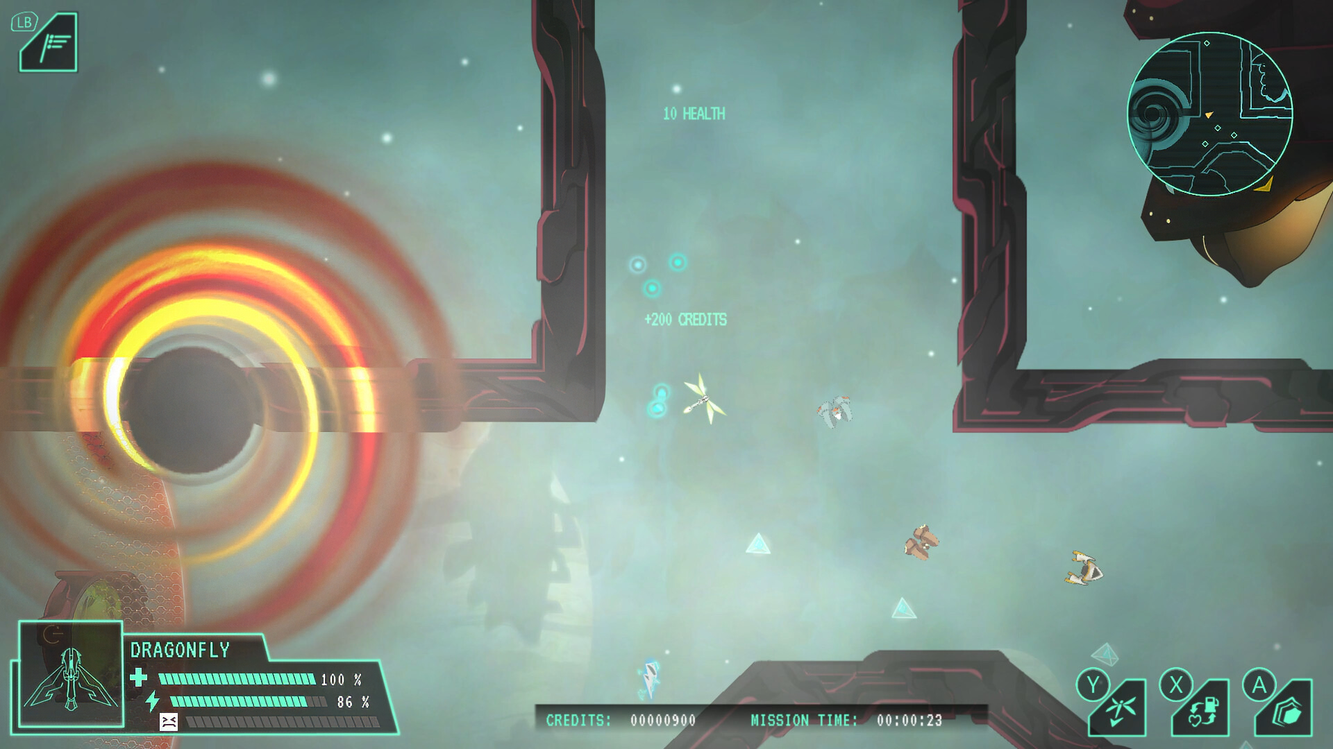 HD desktop wallpaper from the video game Lunar Lander: Beyond featuring a spacecraft navigating through a rocky alien landscape with a portal and in-game HUD elements.