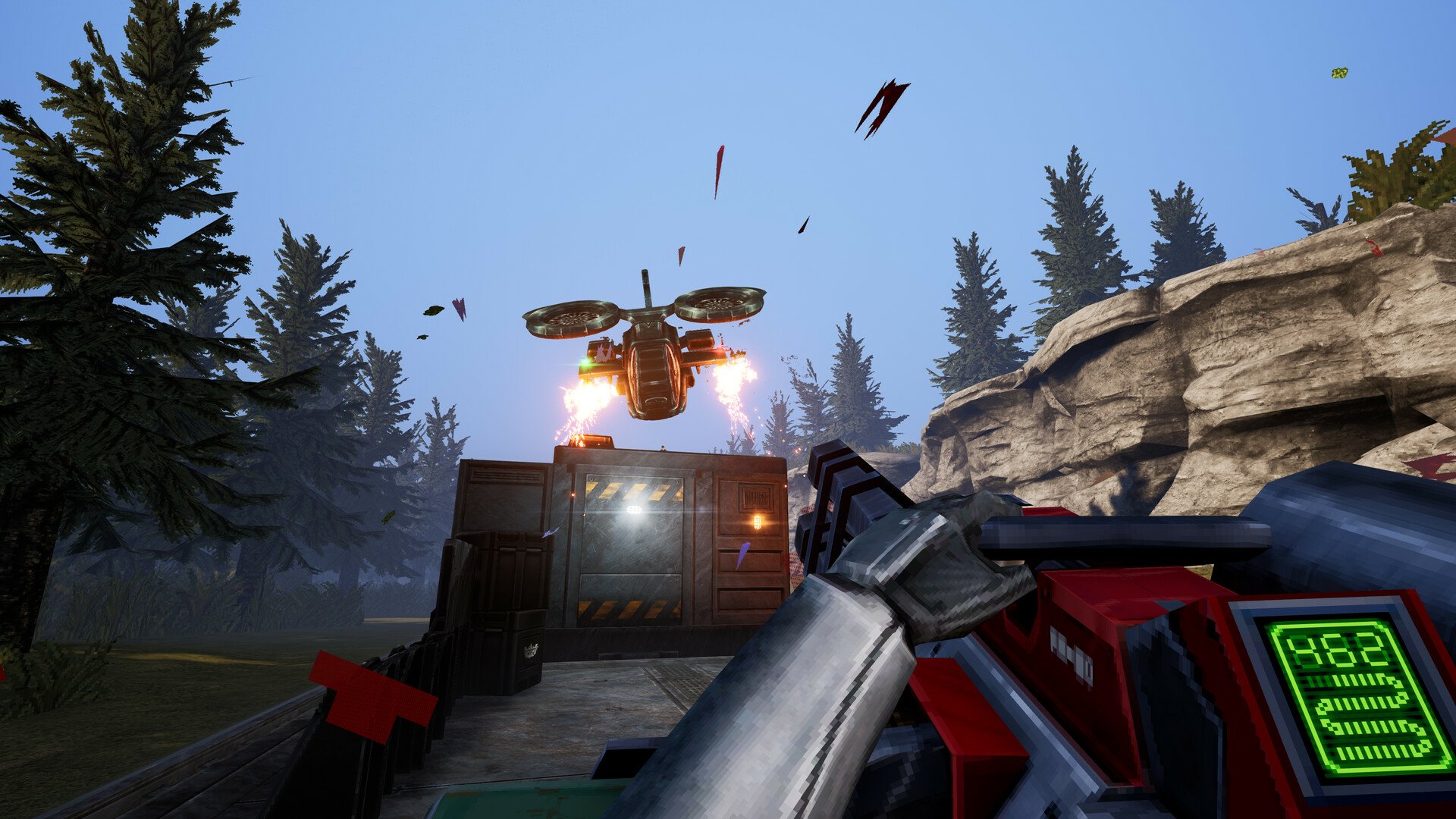 HD desktop wallpaper from the video game Phantom Fury featuring a first-person view of a player holding a futuristic weapon with an ammo count display, aiming at an exploding enemy drone in a forested outdoor environment.