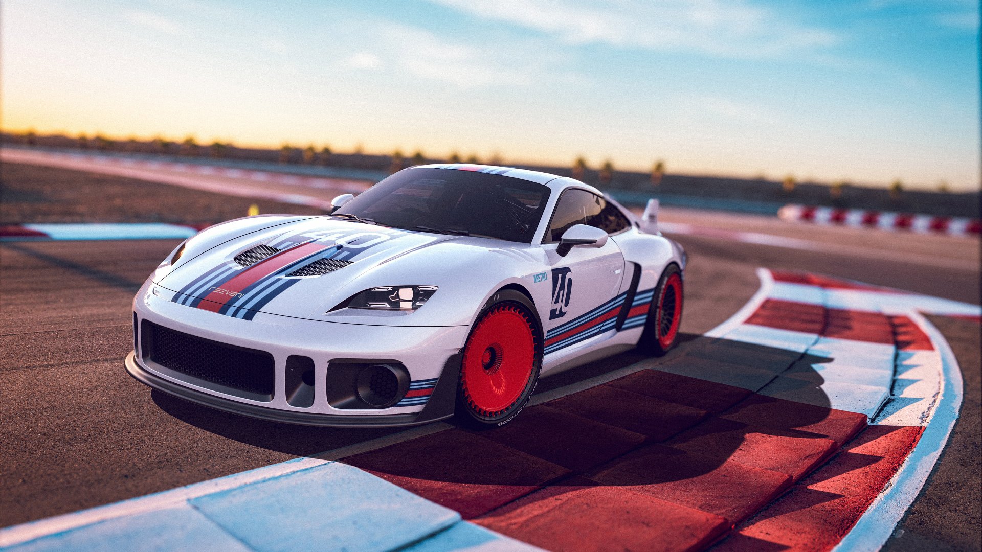 A high-definition wallpaper featuring a white Rezvani Retro RR1 sports car with red and blue racing stripes, numbered 98, cruising on a racetrack.