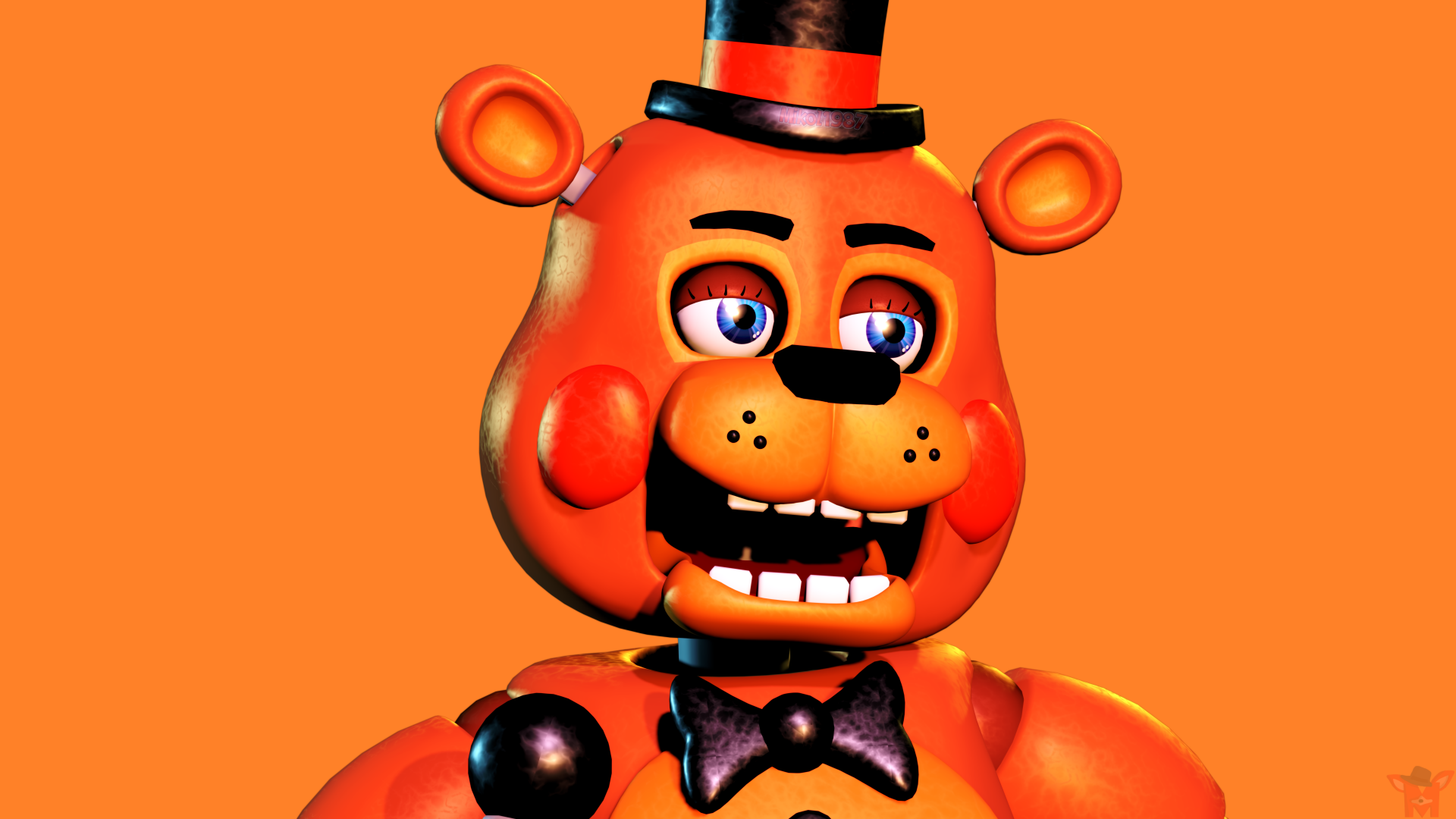 8K Ultra HD PC desktop wallpaper featuring Freddy Fazbear from Five Nights at Freddy's 2 with vibrant orange background.
