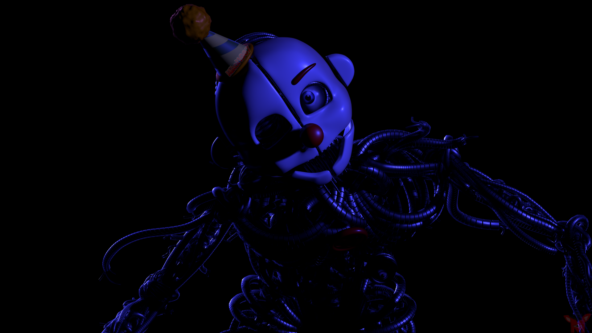 Dark, eerie 8K Ultra HD wallpaper of a glowing animatronic character from Five Nights at Freddy's: Sister Location, set against a black background for PC desktops.