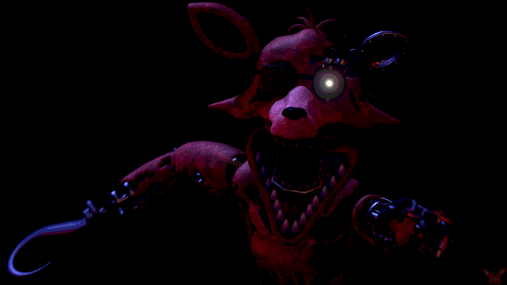 Dark, detailed animatronic from Five Nights at Freddy's 2 with glowing eye, rendered in 8K Ultra HD for vivid PC desktop wallpaper and background.