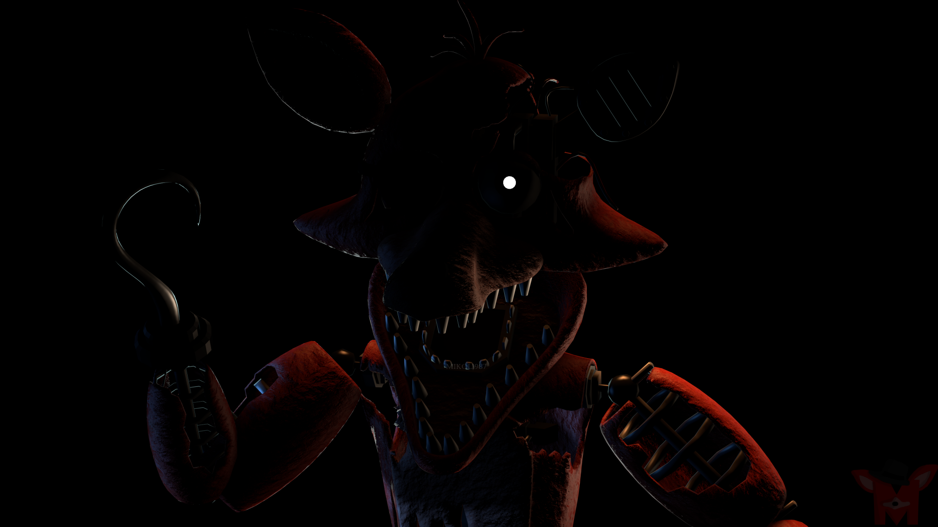 Dark, eerie close-up of a twisted animatronic from Five Nights at Freddy's 2, rendered in 4K Ultra HD for a chilling PC desktop wallpaper.
