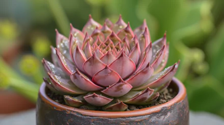 HD desktop wallpaper featuring a close-up of a red-tipped succulent plant in a terracotta pot with a blurred background.