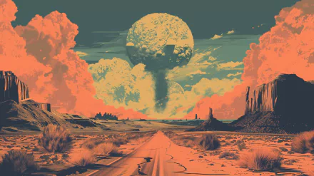 HD duotone desert landscape wallpaper with a large moon, orange clouds, and a long straight road.