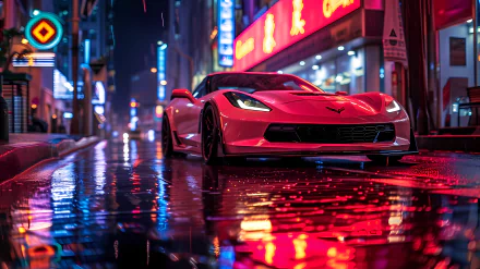A red Chevrolet Corvette parked on a wet city street at night with neon signs reflecting on the pavement, HD desktop wallpaper and background.