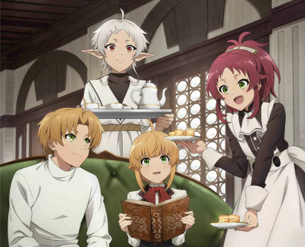 HD PC desktop wallpaper from the anime Mushoku Tensei: Jobless Reincarnation featuring four characters in a cozy room with warm lighting and casual expressions.