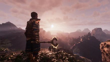 HD desktop wallpaper featuring a character from the video game Enshrouded observing a breathtaking sunset amidst mountainous terrain.