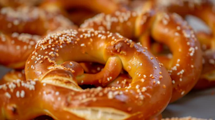 HD desktop wallpaper featuring close-up of a freshly baked pretzel with salt crystals.