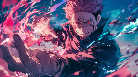 HD wallpaper featuring Sukuna from Jujutsu Kaisen, showcasing vibrant colors and dynamic action as he extends his hand, surrounded by swirling energy.
