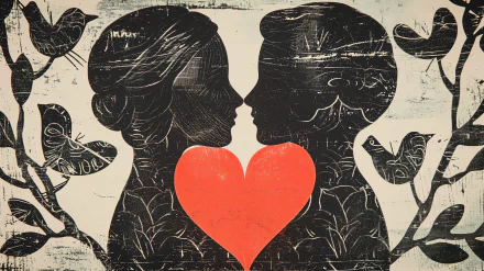 A romantic illustration of a couple in profile, facing each other with a large red heart between them, surrounded by floral elements, capturing the essence of Valentine's Day.