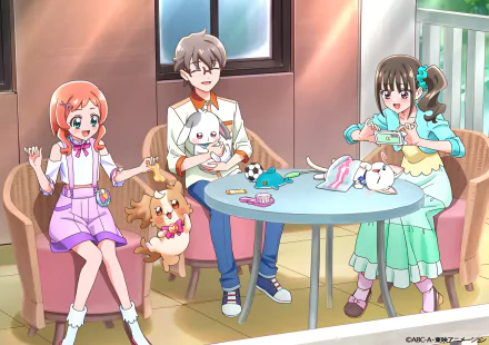 Cheerful characters from Anime Wonderful PreCure! gather around a table with adorable pets, creating a vibrant, HD desktop wallpaper full of joy and camaraderie.