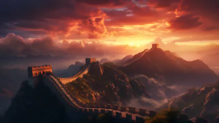 HD desktop wallpaper of the Great Wall of China at sunset with a dramatic sky full of clouds.