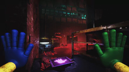 HD desktop wallpaper featuring a scene from the video game Poppy Playtime with colorful hands and a mysterious, atmospheric factory setting.