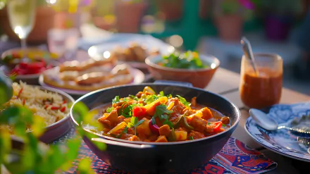 Vibrant HD desktop wallpaper featuring a delicious curry meal set on a table, surrounded by various dishes, representing a wholesome eating scene.