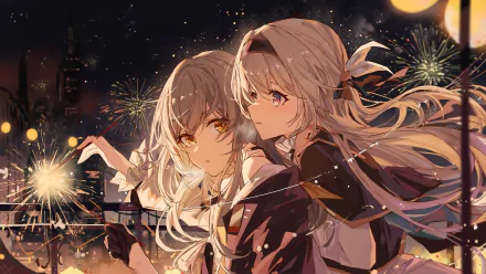 HD PC desktop wallpaper featuring Firefly and Stelle from the video game Honkai: Star Rail against a vibrant night sky with fireworks.