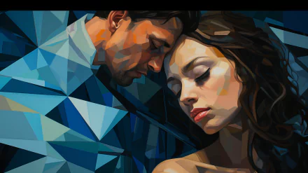 HD desktop wallpaper featuring a stylized illustration of a couple embracing with a geometric background.
