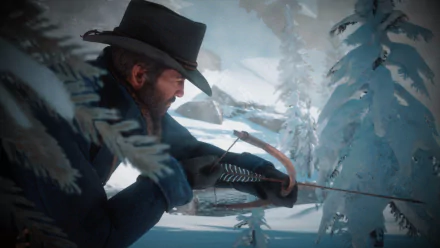 HD PC desktop wallpaper featuring Arthur Morgan from Red Dead Redemption 2 aiming a bow in a snowy forest setting.