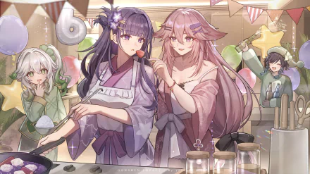 4K Ultra HD Genshin Impact wallpaper featuring Venti, Nahida, Yae Miko Guuji, and Baal Raiden Shogun celebrating indoors with festive decorations.