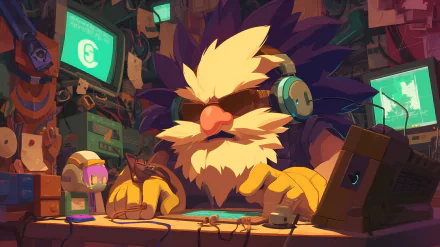 HD desktop wallpaper featuring the animated character Dr. Robotnik in a colorful and detailed tech lab setting