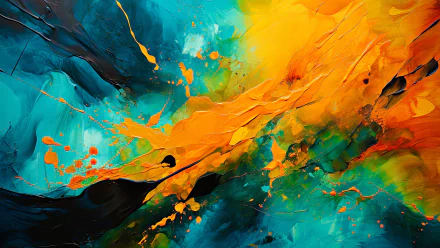 Vibrant abstract painting with bold turquoise and fiery orange splashes, captured in 8K Ultra HD as a dynamic PC desktop wallpaper featuring a paint brush theme.