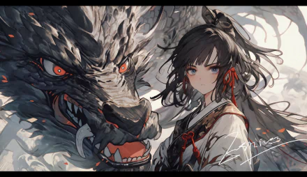 A striking 4K Ultra HD anime wallpaper featuring an Asian anime girl with flowing black hair standing beside a fierce dragon in a fantasy setting.