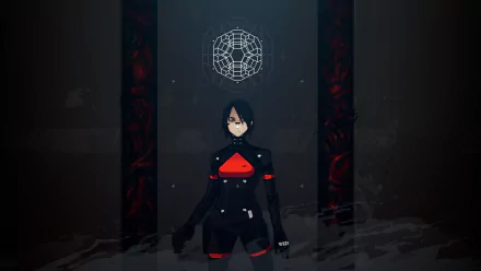 HD SIGNALIS Video Game Wallpaper featuring a female character with geometric symbols and red accents in a dark setting.